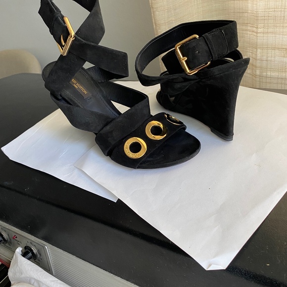 Louis Vuitton black suede leather wedges heels 36.5 ankle strap sandals slip ons - Picture 1 of 12